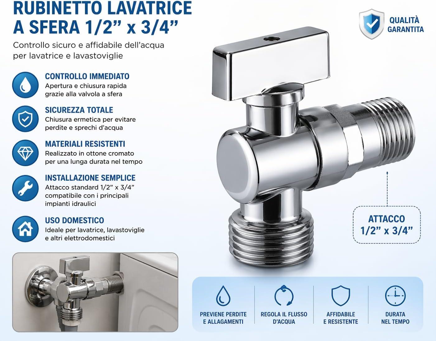 Rubinetto Lavatrice a Sfera 1/2" x 3/4" Valvola Acqua Attacco Standard Resistente per Lavatrice e Lavastoviglie - Lemag srl