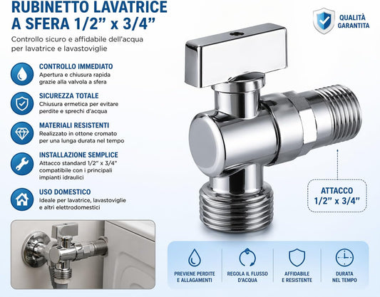 Rubinetto Lavatrice a Sfera 1/2" x 3/4" Valvola Acqua Attacco Standard Resistente per Lavatrice e Lavastoviglie - Lemag srl