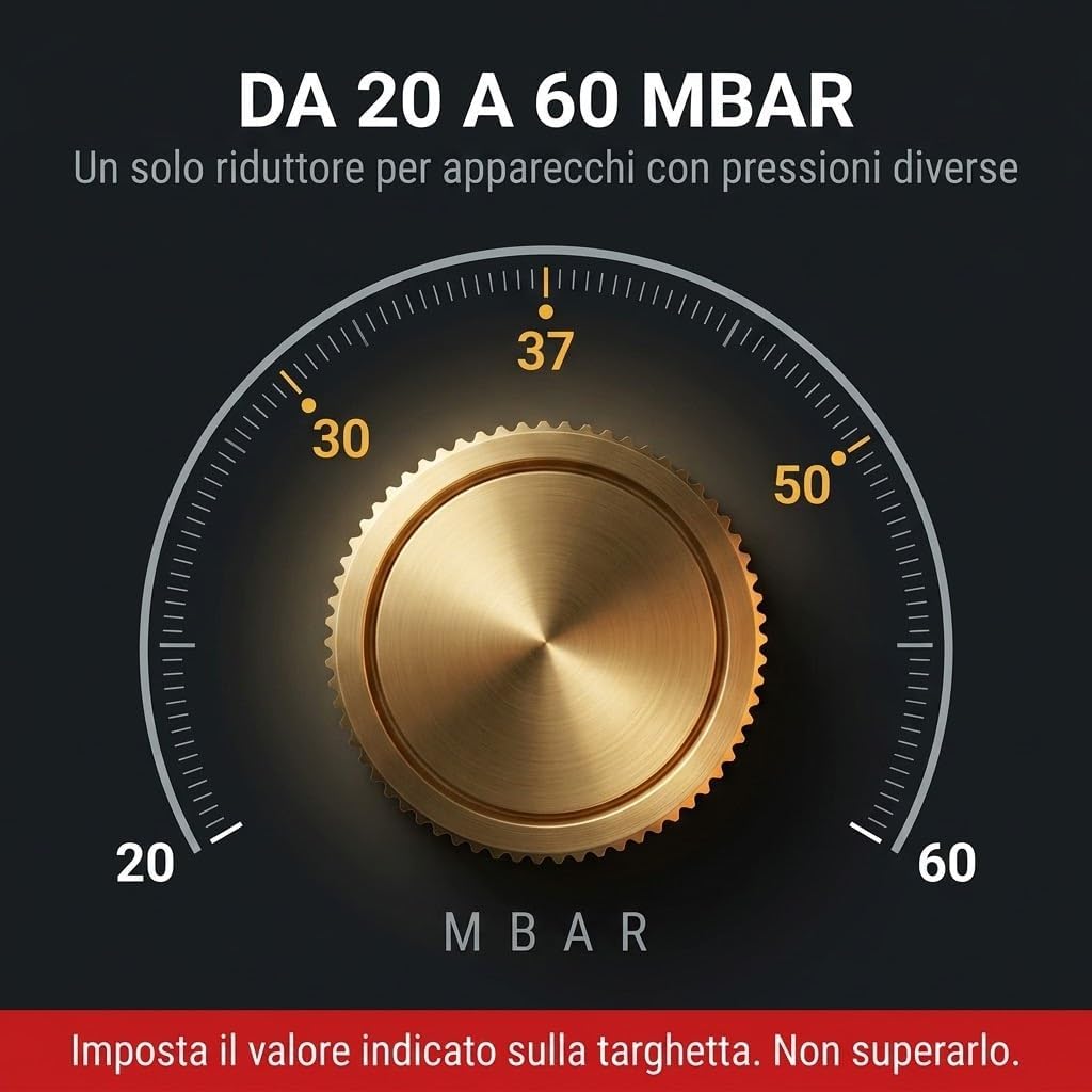 Regolatore Gas GPL Regolabile 20-60 mbar – Kit Riduttore di Pressione Bassa Pressione per Bombola con Tubo Gas 2 m, 2 Fascette e Chiave Gas – Uso Domestico, Campeggio, Camper - Lemag srl