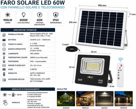 Faro LED Solare 900 lm 4000K IP65 con Telecomando – Batteria LiFePO4 - Lemag srl