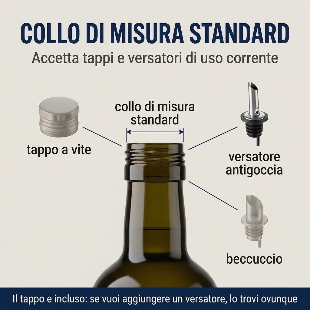 Collo standard di bottiglie per olio vetro scuro compatibile con tappo a vite e versatore antigoccia.