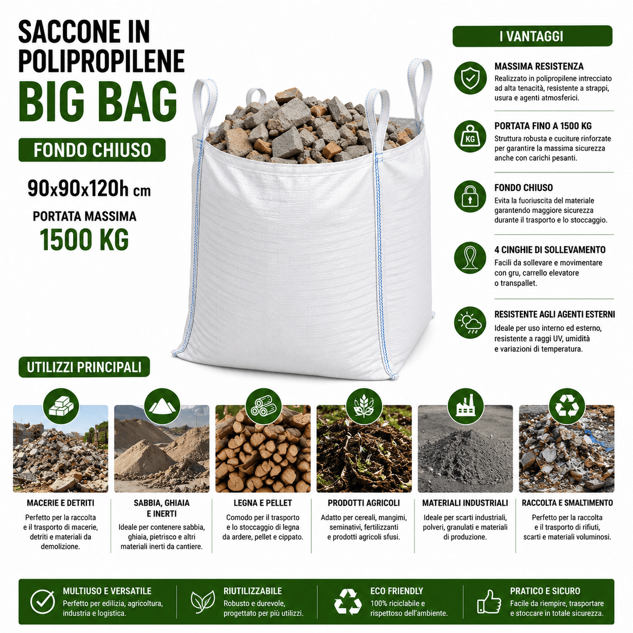 Saccone Big Bag in Polipropilene Fondo Chiuso 90x90x120 cm Portata 1500 Kg - Lemag srl