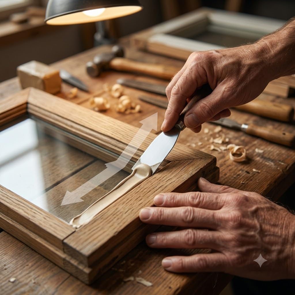 Applicazione di stucco da vetraio in pane su telaio in legno di una finestra per sigillatura e restauro professionale.
