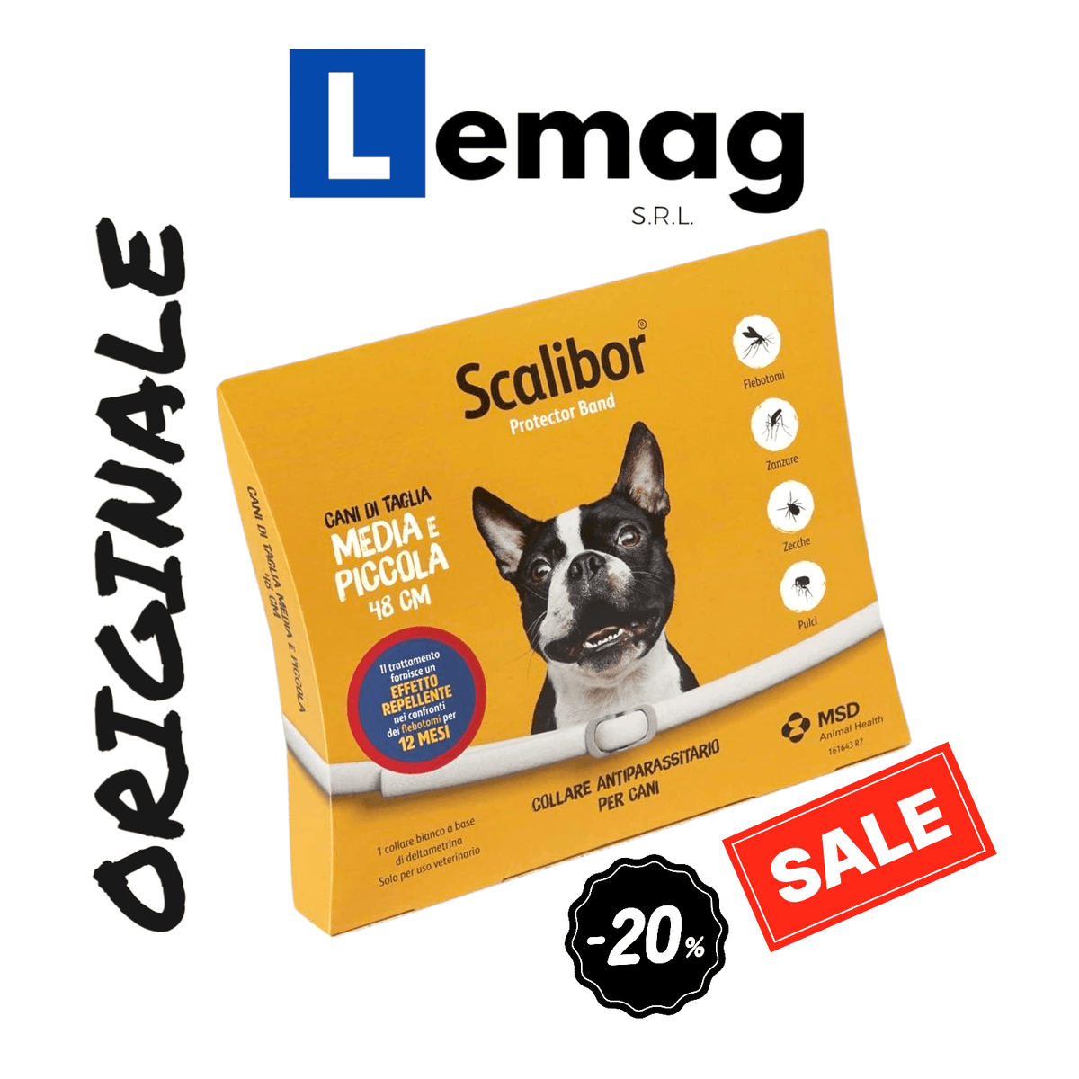 Scatola di collare scalibor cani piccoli e medi da 48 cm, antiparassitario originale contro zecche e pulci scontato del 20%.