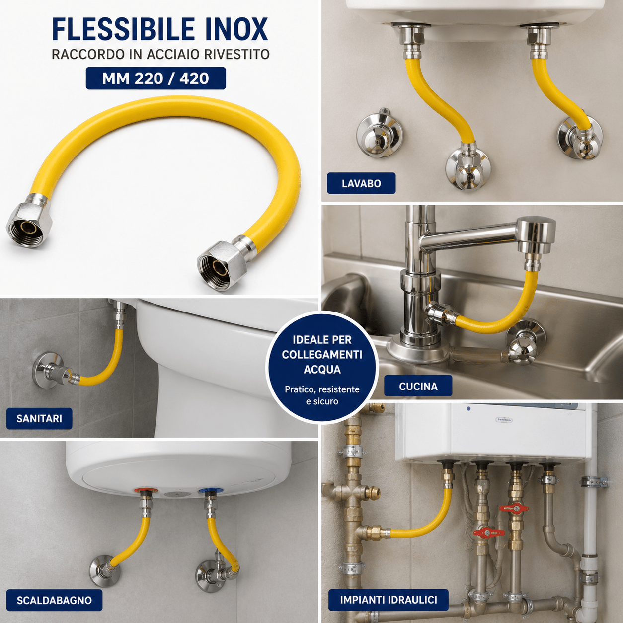 Flessibile Inox con Raccordo in Acciaio Rivestito MM 220/420 Tubo Flessibile per Acqua Collegamento Idraulico Alta Resistenza - Lemag srl