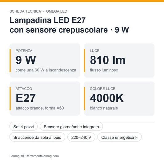 Lampadina LED E27 con Sensore Crepuscolare 9W 810 lm 4000K – Set 4 Pezzi – Si Accende al Buio - Lemag srl