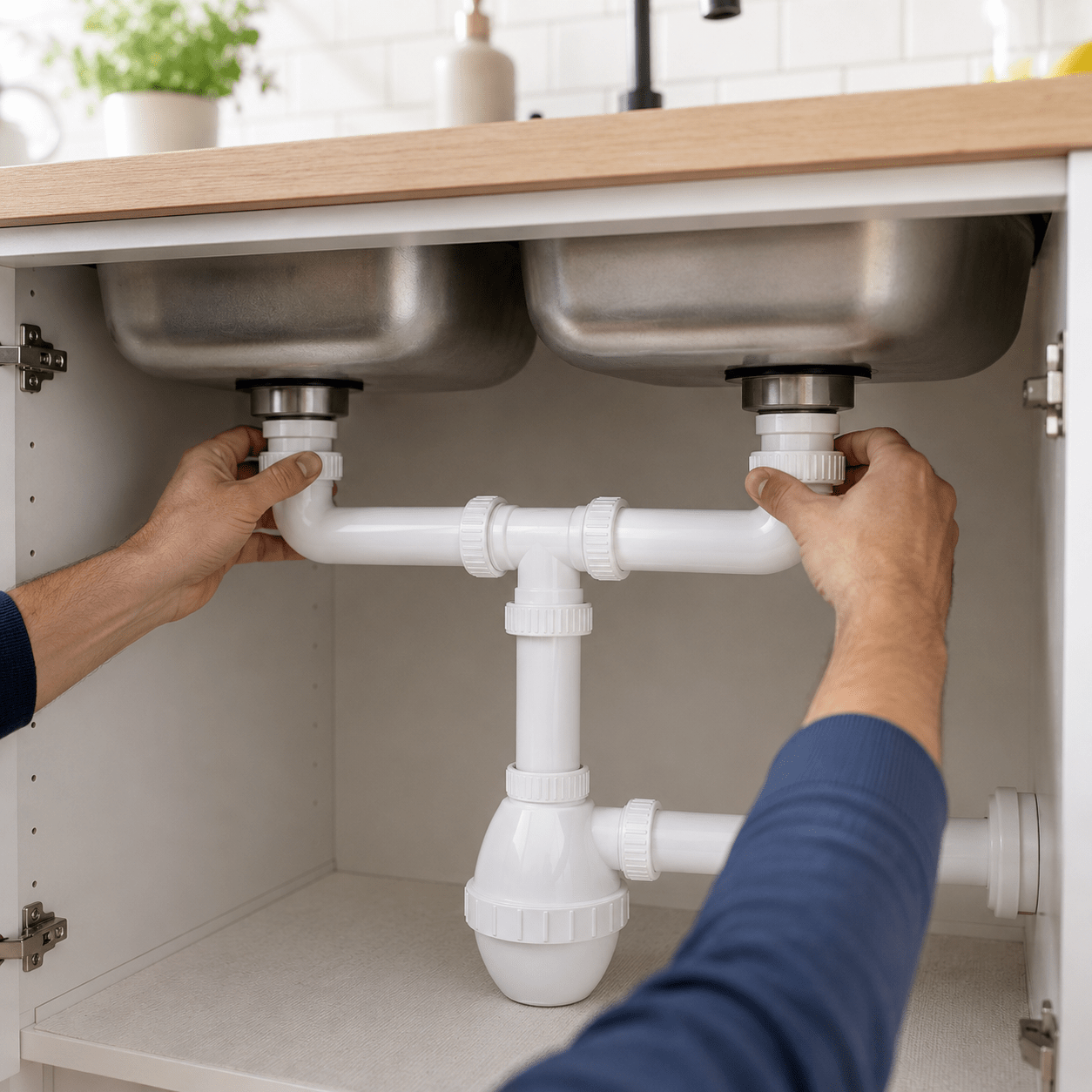 Sifone Lavello Cucina 2 Vie "Francia" – Attacco 1"1/2 | Scarico Ø32/40 mm | Sifone Doppio Vasca Universale Anti - Odore | Installazione Fai da Te - Lemag srl