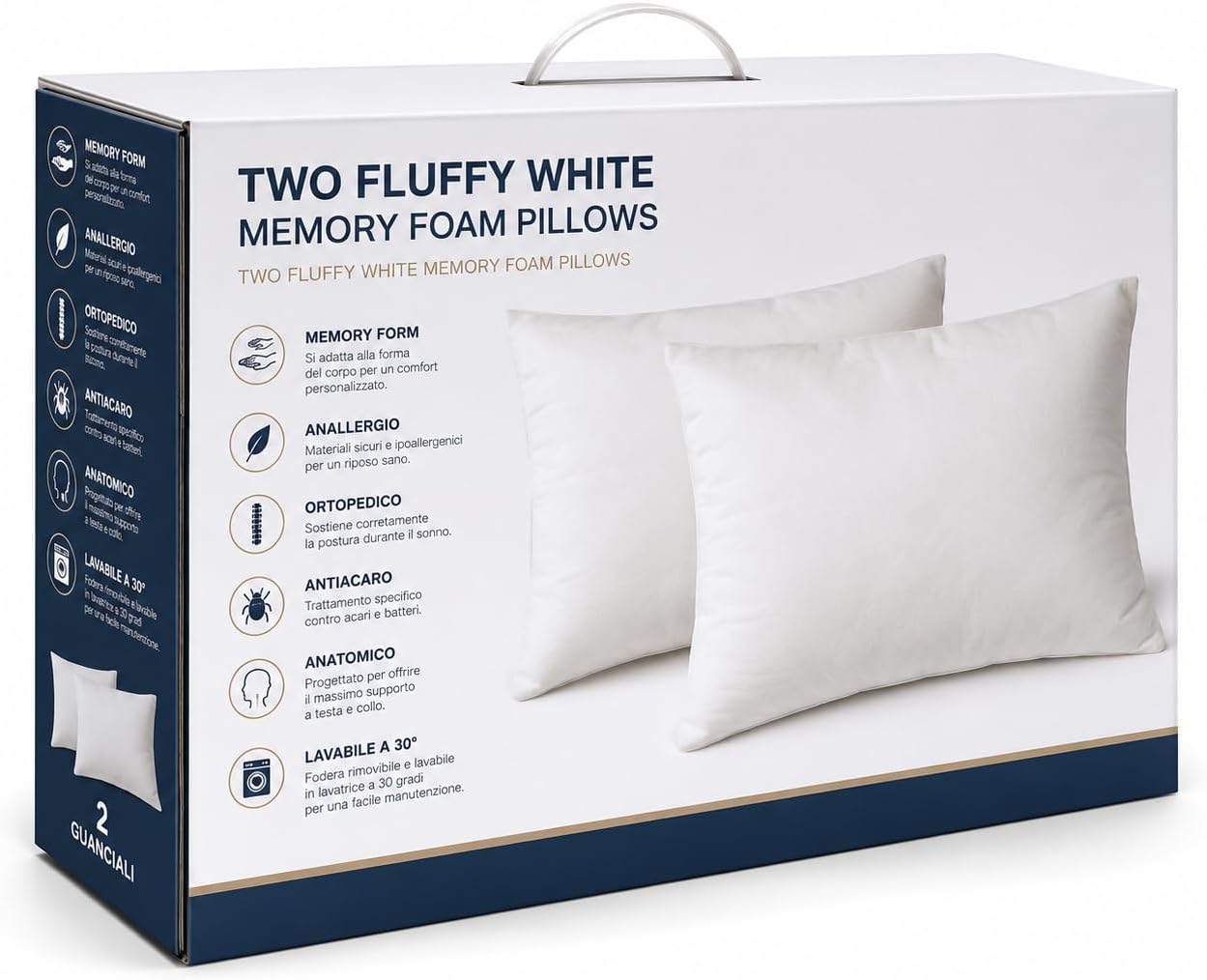 Set 2 Guanciali Memory Foam 73x43x14cm – Anallergico Antiacaro Ortopedico Anatomico | Fiocco di Memory | Lavabile 30° | Cuscino Cervicale Coppia | Made in Italy - Lemag srl
