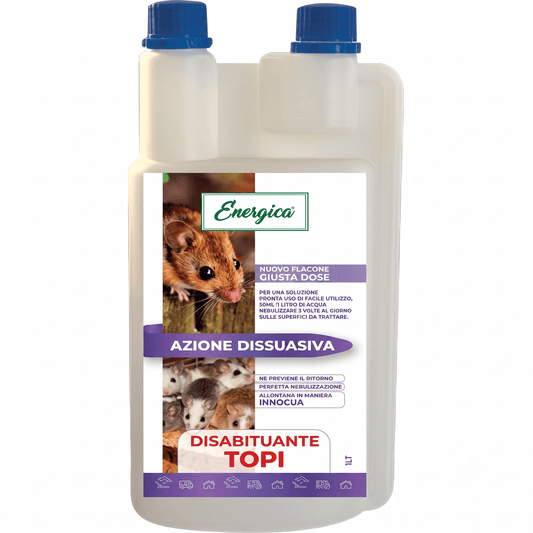 Flacone di repellente per topi concentrato Energica da 1 litro con tappo dosatore per garage e cantine.