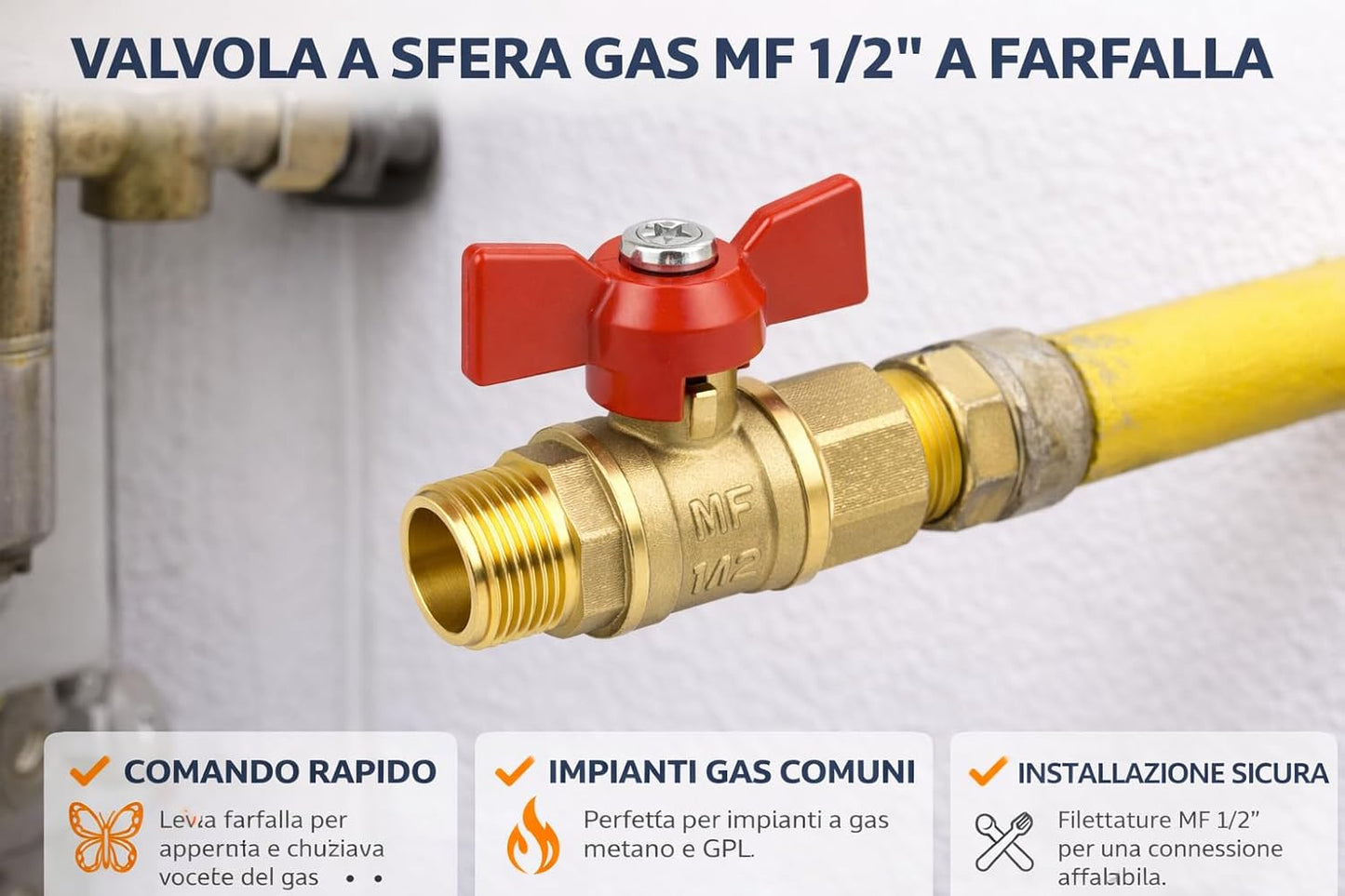 Valvola a Sfera Gas MF 1/2” a Farfalla Rubinetto Gas Maschio Femmina Ottone per Impianti Gas Metano GPL Alta Sicurezza - Lemag srl