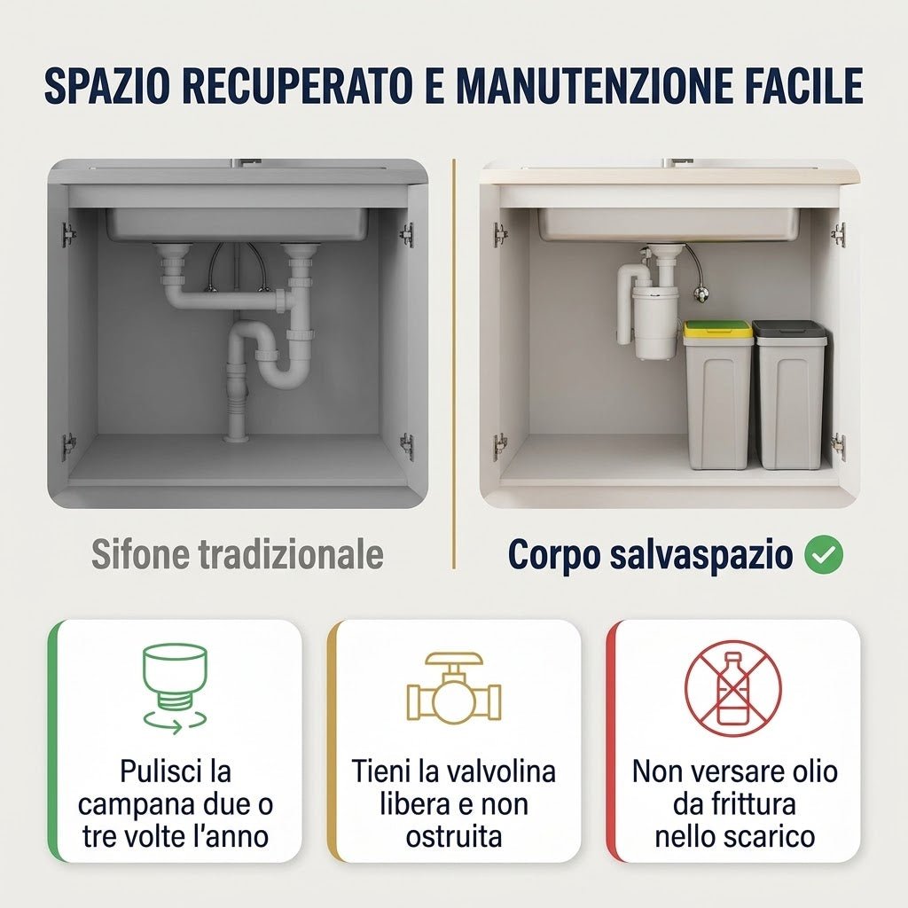 Confronto tra un sifone tradizionale e un sifone salvaspazio 2 vasche che ottimizza lo spazio nel sottolavello per la pattumiera.