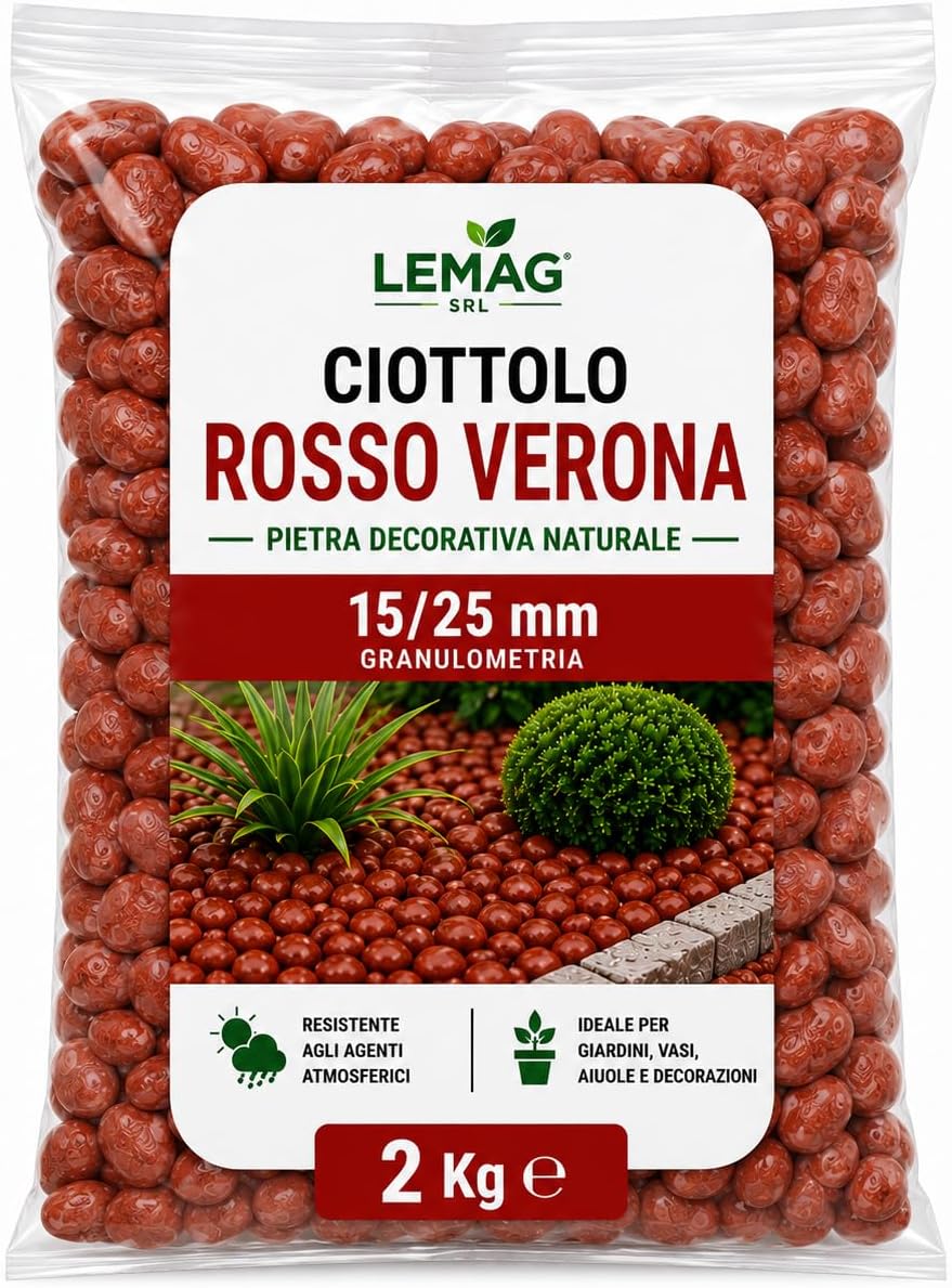 Ciottolo Rosso Verona 15/25 mm in Sacco da 2 kg Pietra Decorativa Naturale per Giardino Vasi Aiuole Interno Esterno - Lemag srl