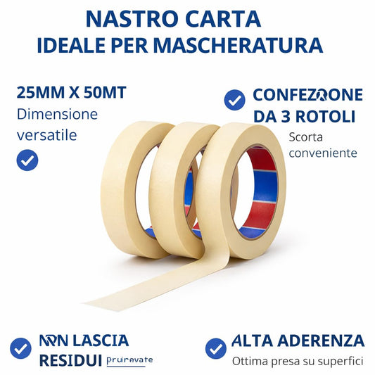 Nastro carta per mascheratura 25 mm x 50 m, pacco 3 rotoli – dettaglio