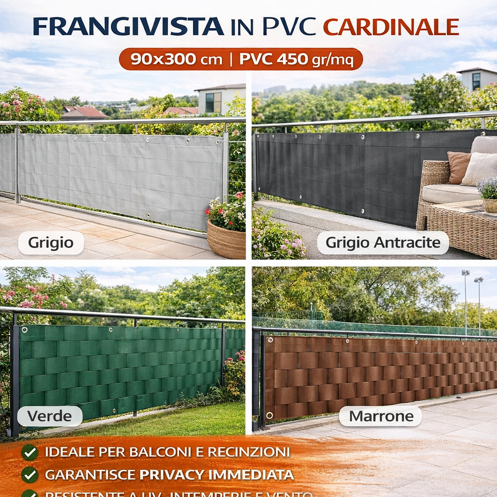 Frangivista PVC Cardinale 90x300 cm con Occhielli e Corda Privacy Balcone - Lemag srl