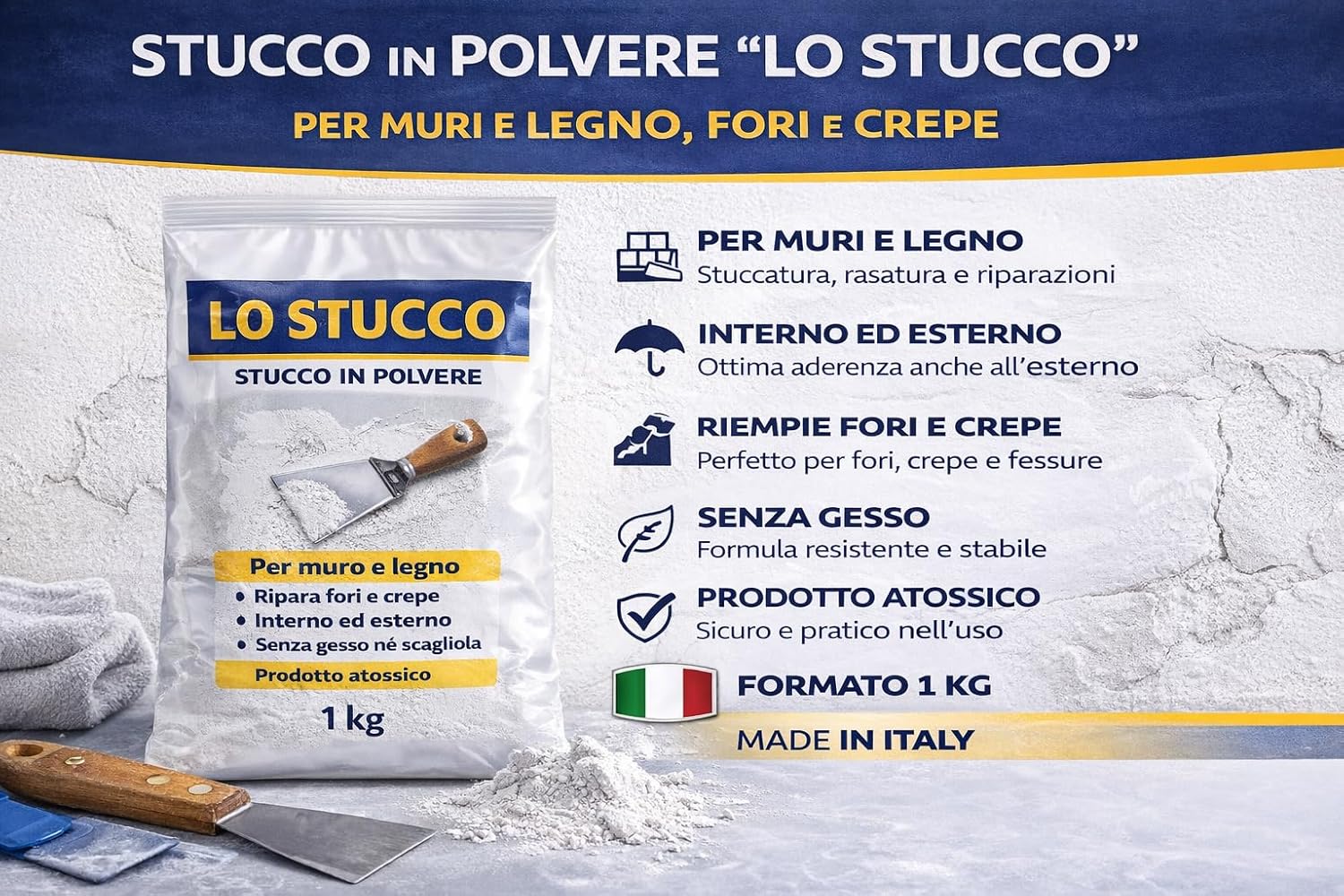 Stucco in Polvere 1 Kg “LO STUCCO” – Rasatura Muri, Riempimento Crepe e Fori – Interno ed Esterno – Lemag SRL - Lemag srl