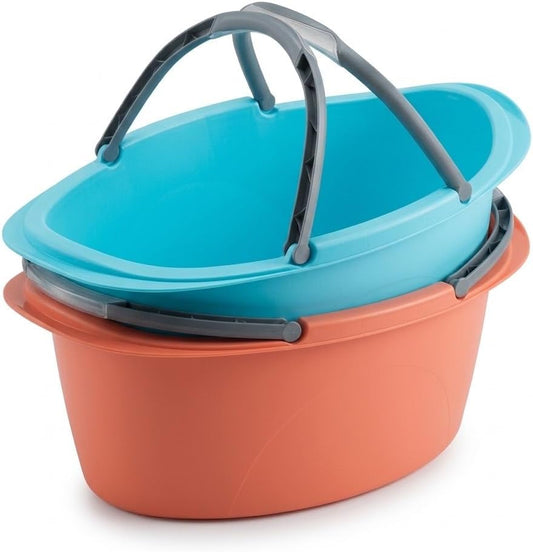 Set di 2 bacinelle ovali da 25L azzurra e arancione. Pratica bacinella in plastica con manici per bucato, casa e campeggio.