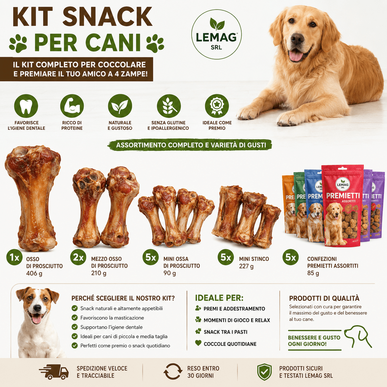 Kit Snack per Cani Assortiti Ossa Prosciutto Mini Stinco Premietti Naturali Snack Masticativi - Lemag srl