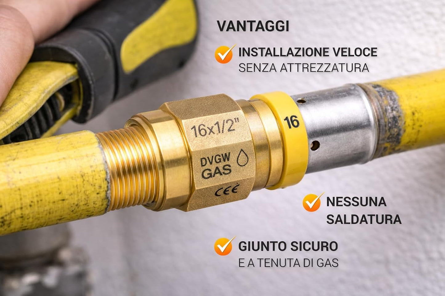 Raccordo a Pressione Gas Dritto 16x1/2 M Maschio per Tubo Multistrato Impianti Gas Metano GPL Connessione Rapida Sicura Ottone - Lemag srl