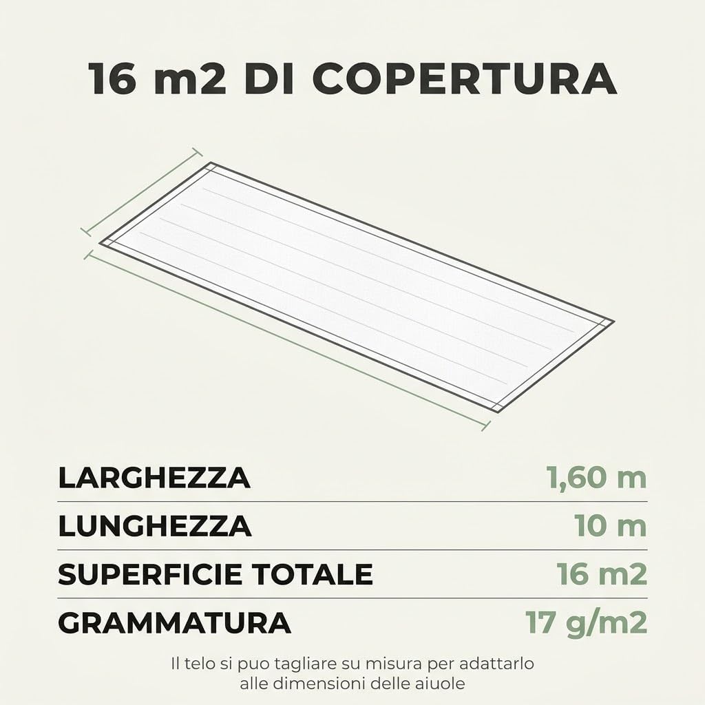 Telo TNT Agricolo 17 g/mq 1,60x10 m - 16 mq di Copertura per Orto - Protegge da Gelate Leggere, Insetti e Uccelli - Permeabile ad Acqua e Aria - Anticipa Il Raccolto - Lemag srl