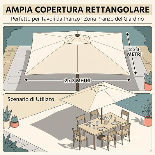 Schema con dimensioni dell'ombrellone rettangolare 2x3 ecrù per il tavolo da pranzo in giardino.
