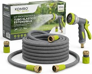 Tubo Estensibile da Giardino Professionale 10-30 m con Pistola 10 Getti – Canna Acqua in Poliestere Stabilizzato UV e Lattice Antitorsione – Raccordi 1/2" Acquastop e 3/4" - Lemag srl