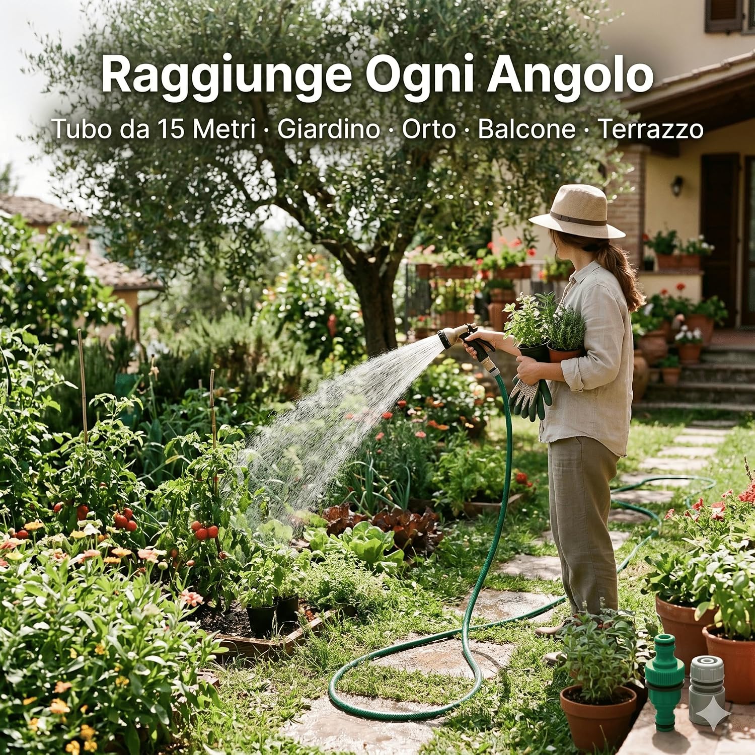 Tubo Irrigazione 1/2" 15 m – Tubo da Giardino Completo con Raccordi Rapidi Acquastop Attacco Rubinetto e Lancia a Getto Regolabile – Pronto all'Uso per Orto e Giardino - Lemag srl