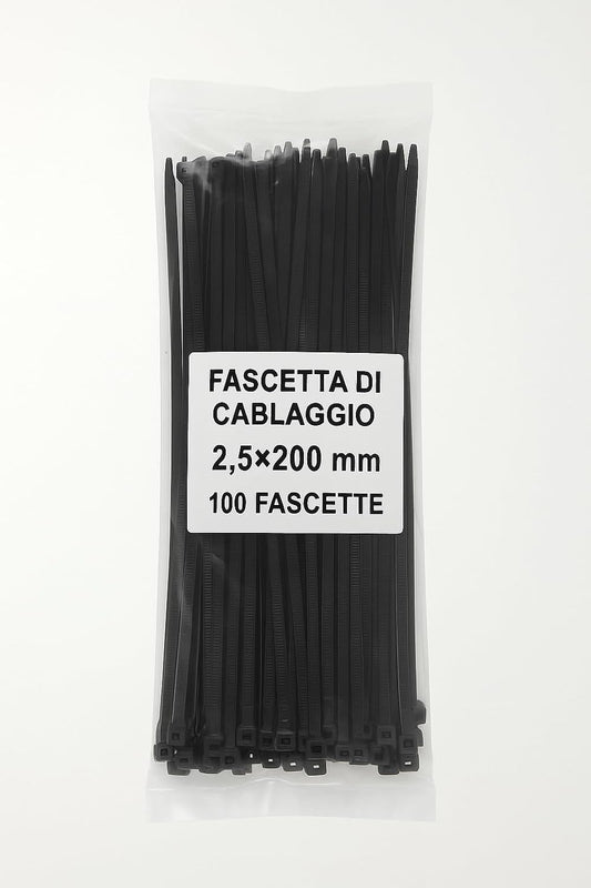 Fascette di cablaggio 2,5x200 mm nere in nylon resistente ai raggi UV, set 100 pezzi