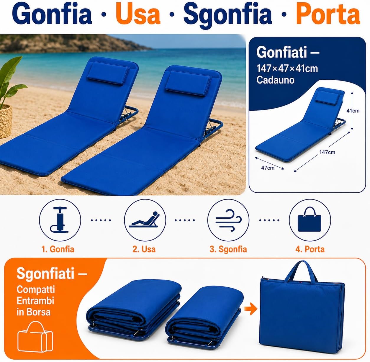Set 2 Materassini Gonfiabili da Spiaggia con Schienale 147x47x41cm – Sdraio Gonfiabile Coppia | Piscina Campeggio Giardino | Schienale Reclinabile | Made in Italy - Lemag srl