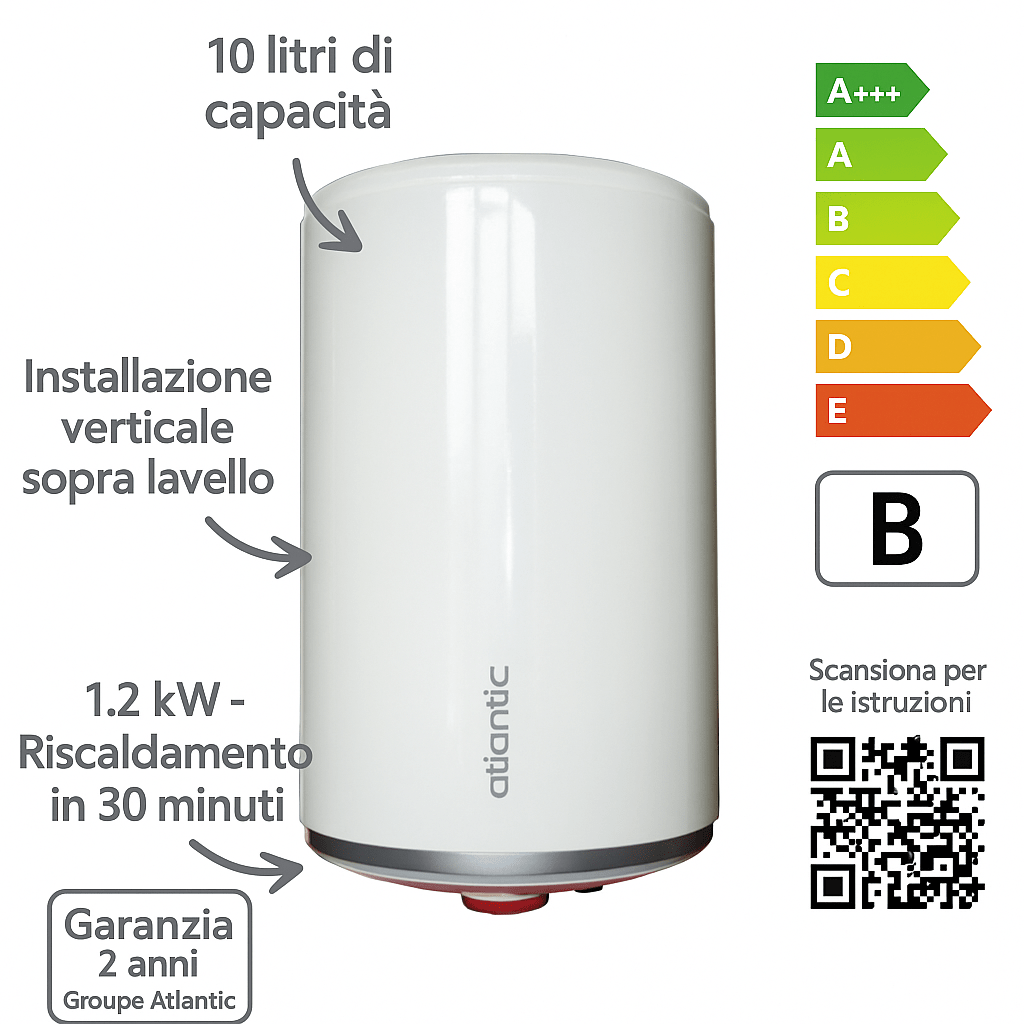 Scaldacqua Elettrico EGO 10L Verticale Sopra Lavello – 1.2kW Groupe Atlantic - Lemag srl