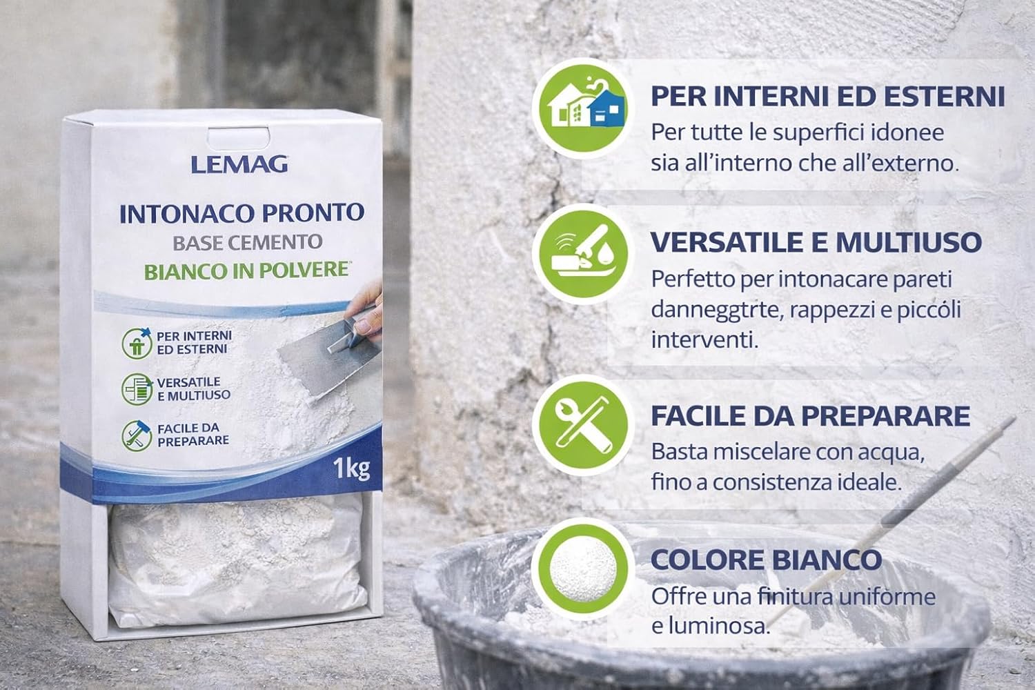 Intonaco Pronto Cemento Bianco 1 Kg – Per Interni ed Esterni – Riparazione Muri e Stuccature – Lemag SRL - Lemag srl