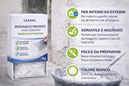 Intonaco Pronto Cemento Bianco 1 Kg – Per Interni ed Esterni – Riparazione Muri e Stuccature – Lemag SRL - Lemag srl