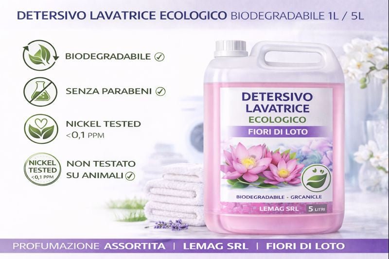 Detersivo Lavatrice Ecologico Biodegradabile 1L/5L – Senza Parabeni – Nickel Tested – Non Testato su Animali – Profumazioni Assortite - Lemag srl