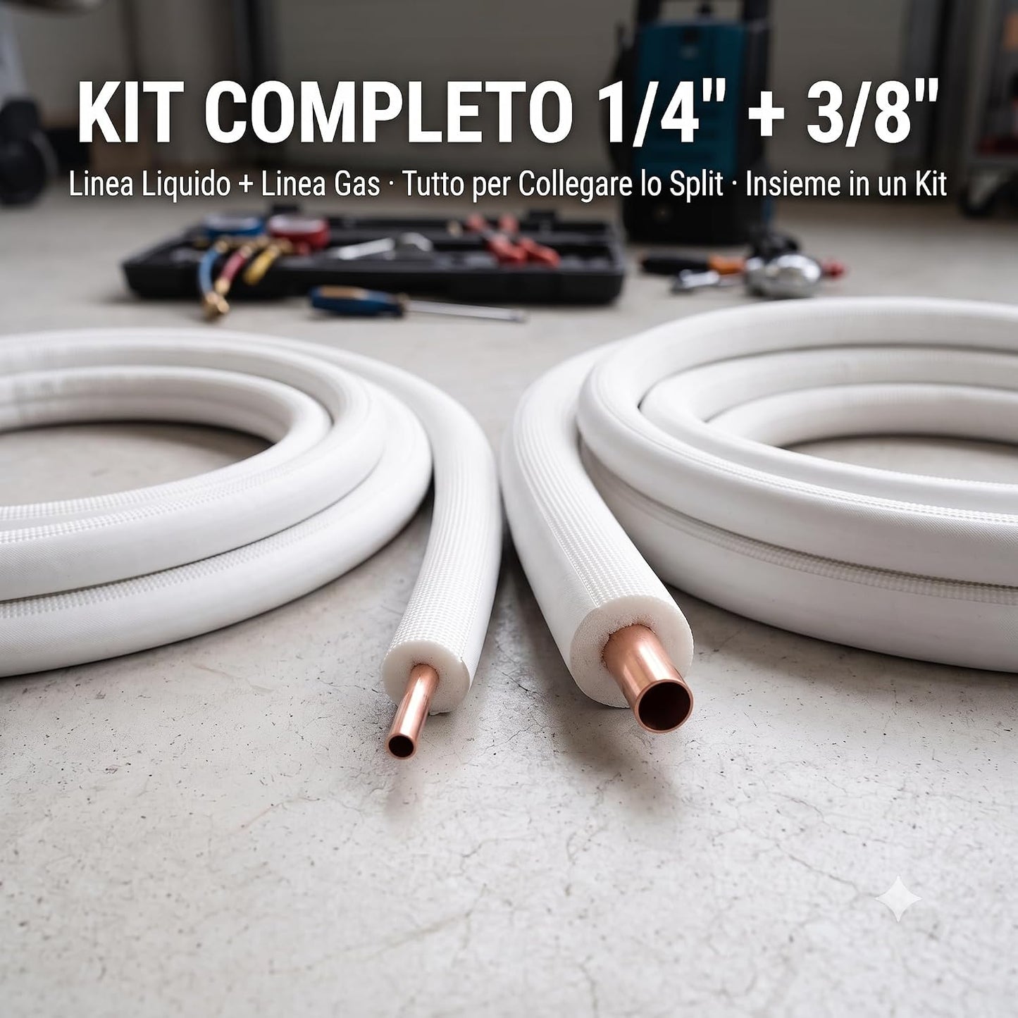 Kit completo di tubi rame isolati per condizionatori da 1/4 e 3/8 pollici per climatizzatori split.
