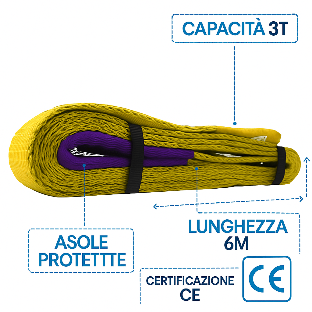 Fascia di Sollevamento 3 Ton 6 m – Cintura in Poliestere Resistente con Anelli – Lemag SRL - Lemag srl