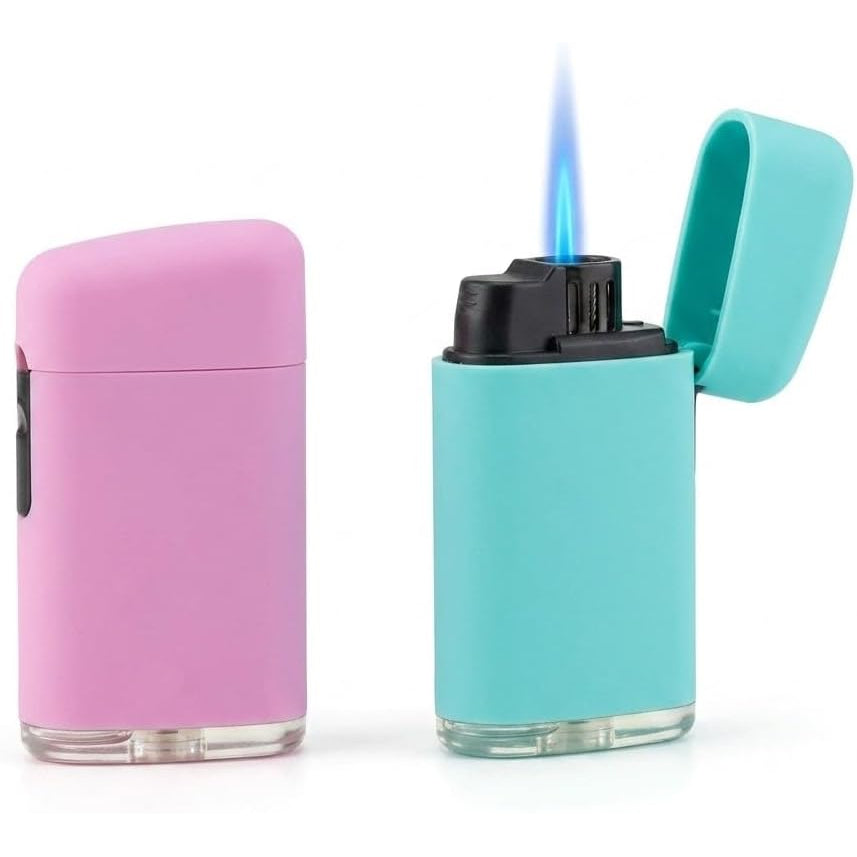 Set di due accendini gommati soft touch rosa e azzurro, ideale accendino antivento ricaricabile con fiamma turbo jet per sigarette.
