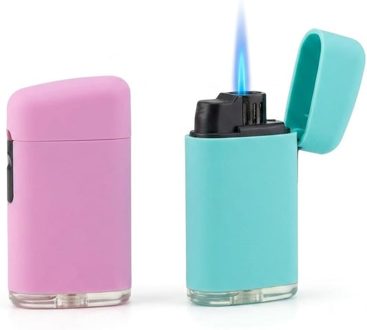 Set di due accendini gommati soft touch rosa e azzurro, ideale accendino antivento ricaricabile con fiamma turbo jet per sigarette.