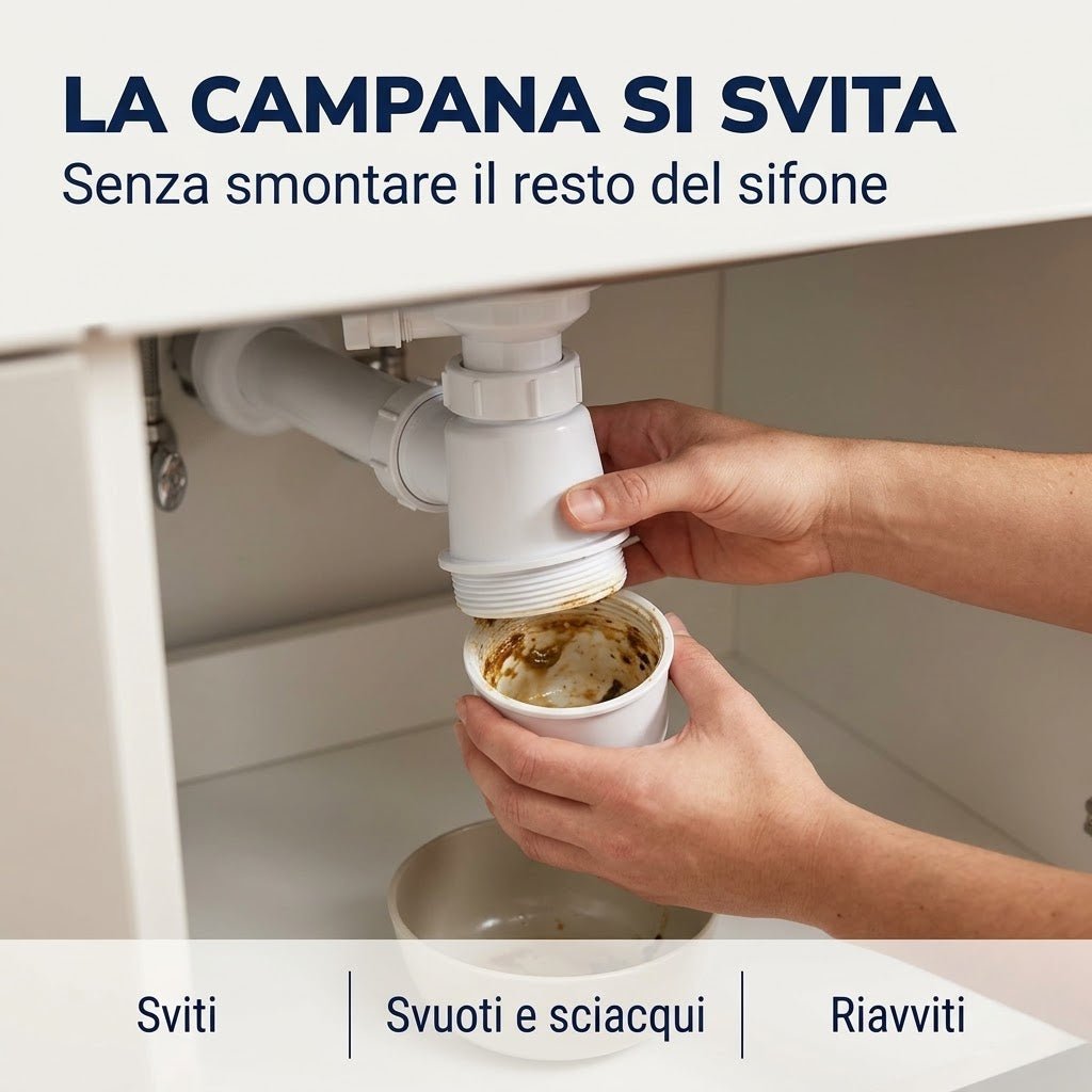 Svitamento della campana del sifone salvaspazio lavello per pulire e rimuovere residui di cibo senza smontare lo scarico.