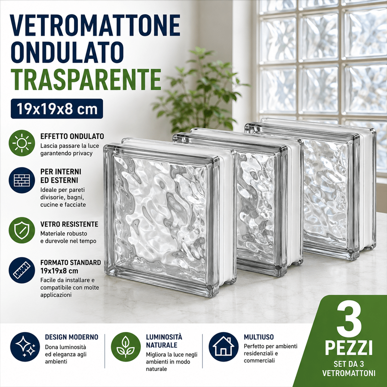 Vetromattone Ondulato Trasparente 19x19x8 cm Set 3 Pezzi Blocco in Vetro per Pareti Divisorie Interni ed Esterni Design Luminoso - Lemag srl