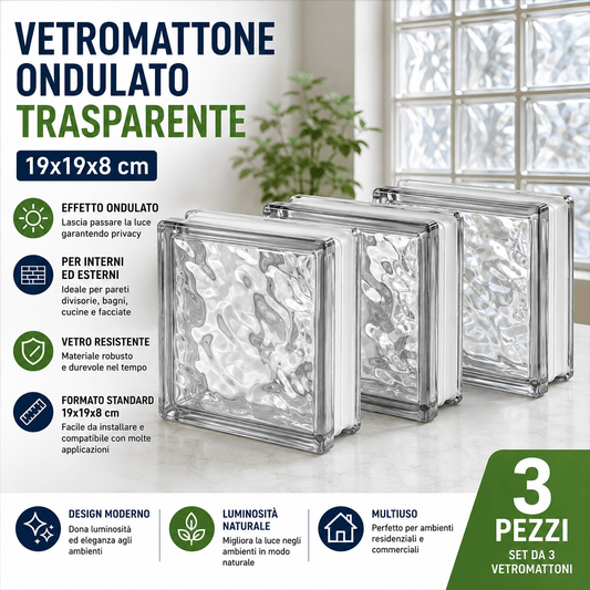 Vetromattone Ondulato Trasparente 19x19x8 cm Set 3 Pezzi Blocco in Vetro per Pareti Divisorie Interni ed Esterni Design Luminoso - Lemag srl