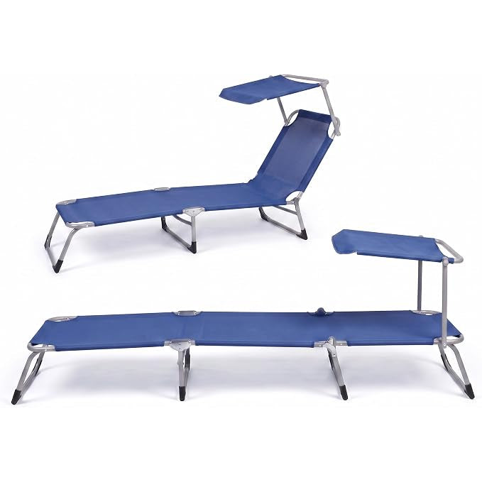 Set di due lettini da mare con parasole in textilene blu regolabili per spiaggia, piscina e giardino.