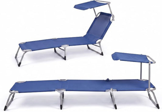 Set di due lettini da mare con parasole in textilene blu regolabili per spiaggia, piscina e giardino.