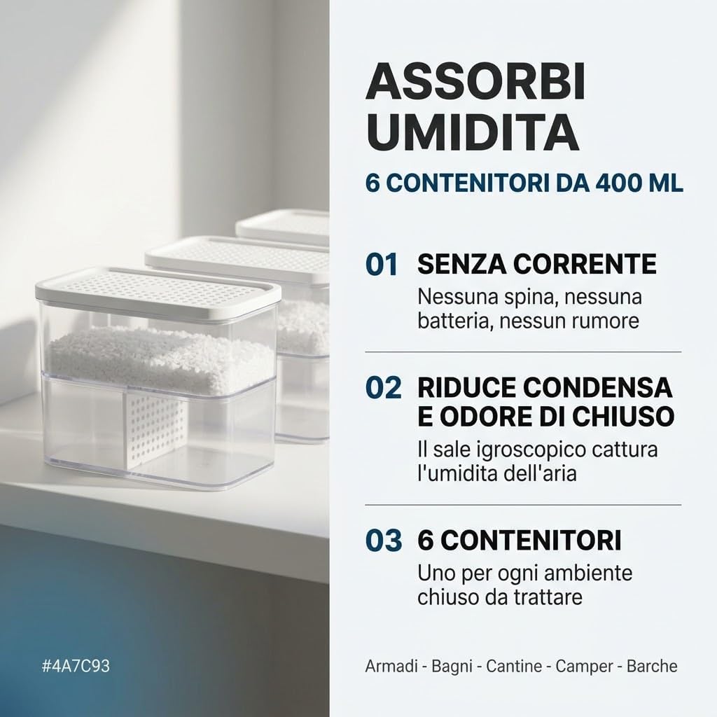 Set 6 Deumidificatori Assorbi Umidita 400 ml - Contro Condensa, Muffa e Odore di Chiuso - Per Armadi, Bagni, Cantine, Camper e Barche - Senza Corrente - Lemag srl