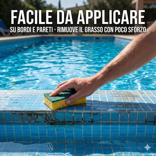 Applicazione di detergente sgrassante piscina sulla linea di galleggiamento con spugna per rimuovere il grasso dai bordi.