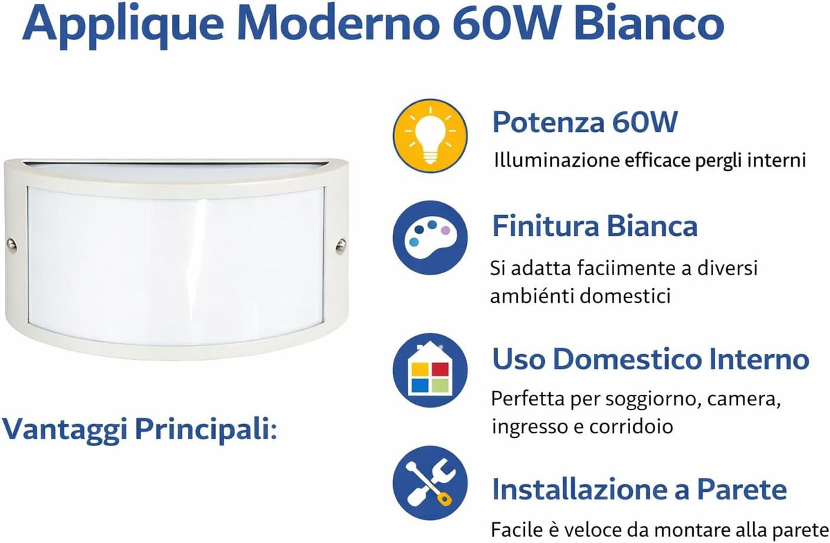 Applique Moderno 60W Bianco – Lampada da Parete per Interni – Design Elegante per Soggiorno, Camera, Corridoio e Ingresso - Lemag srl
