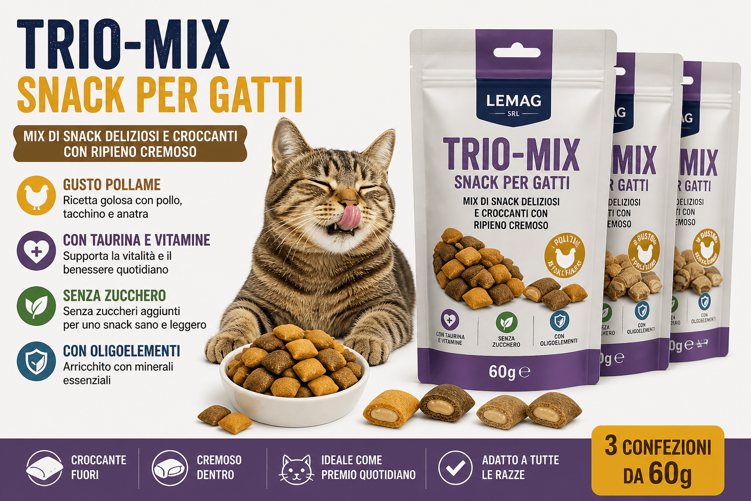 Snack per Gatti Trio Mix 60g 3 Confezioni Gusto Pollame Croccanti con Ripieno Cremoso Taurina Vitamine Senza Zucchero - Lemag srl