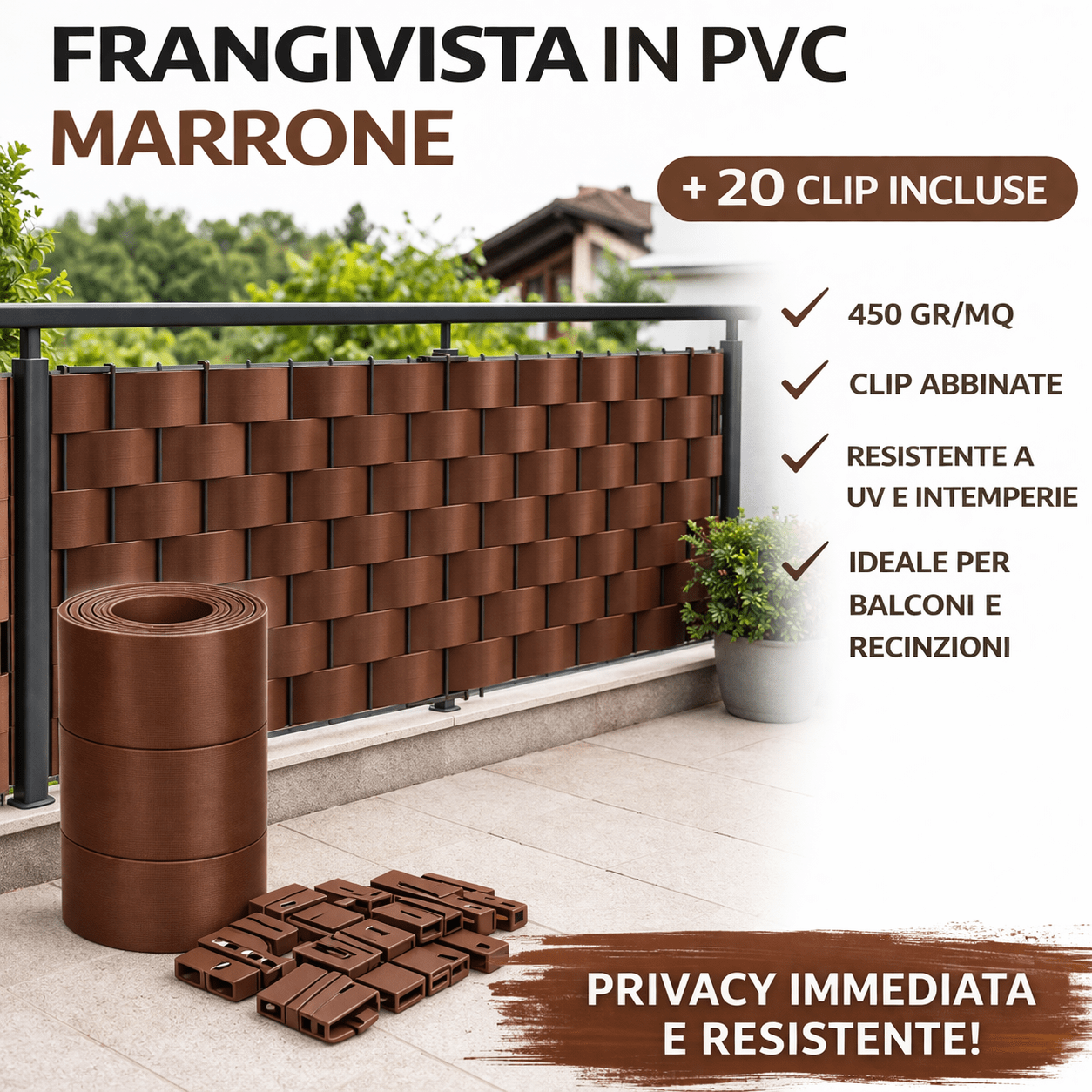 Striscia Frangivista in PVC Cardinale 19 cm x 35 m con 20 Clip Privacy Balcone Recinzione - Lemag srl