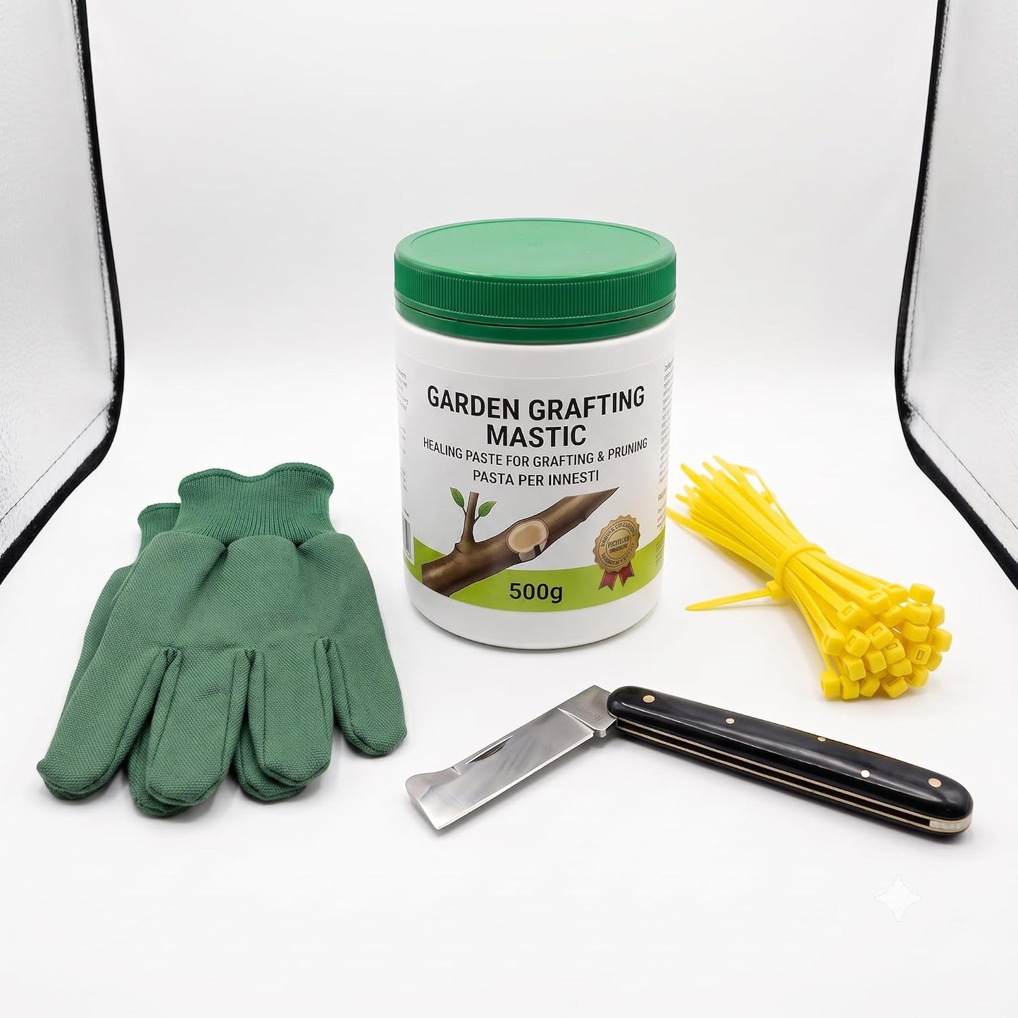 Kit Innesto Completo per Piante – Coltello da Innesto Lama Inox 17 cm con Mastice Cicatrizzante 500 gr Fascette per Legatura e Guanti – Set per Innesti Potature e Talee di Alberi da Frutto - Lemag srl