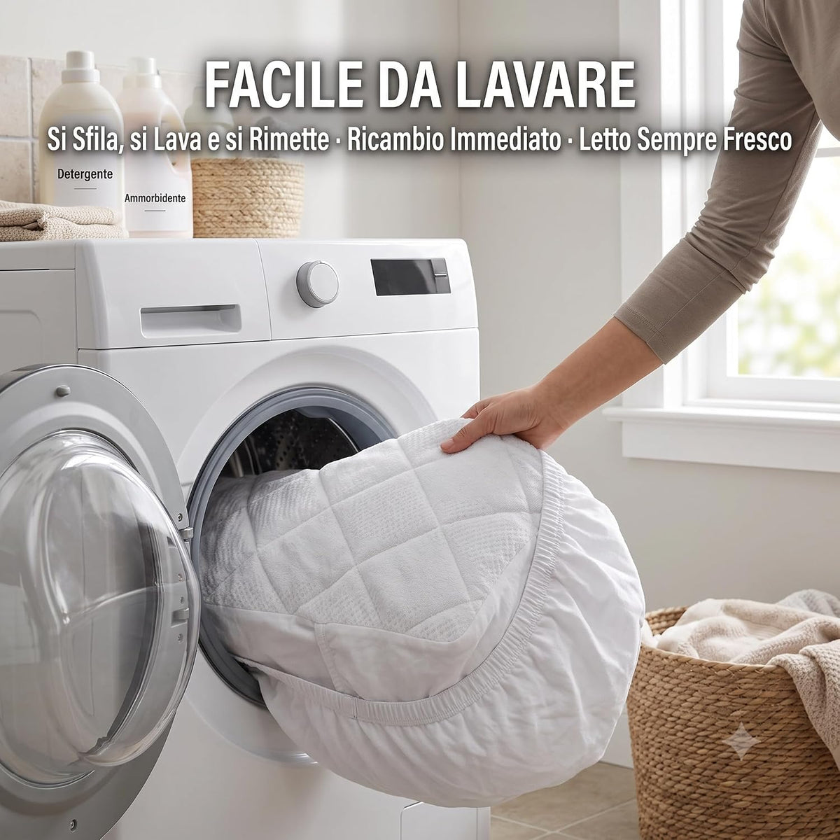 Un coprimaterasso matrimoniale 180x200 bianco facile da lavare in lavatrice per un ricambio comodo e veloce.