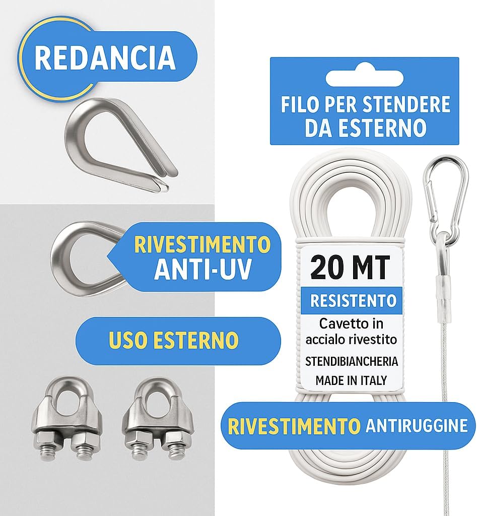 Filo Stendibiancheria Acciaio Rivestito 20 m con Moschettoni e Redance – Corda Bucato Esterno Resistente per Balcone e Terrazzo – Made in Italy - Lemag srl