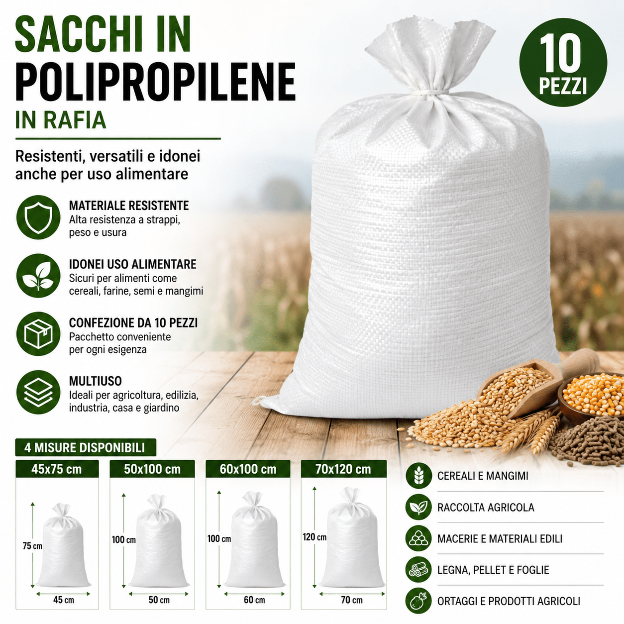 Sacco in Polipropilene Rafia per Alimenti e Raccolta 10 Pezzi Resistente Multiuso per Cereali Mangime Legna Macerie Orto Disponibile in Varie Misure - Lemag srl